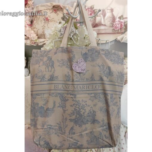 Borsa Shopper stampata in tessuto Blanc Mariclo Collection Toile de Jouy celeste 40x45 cm