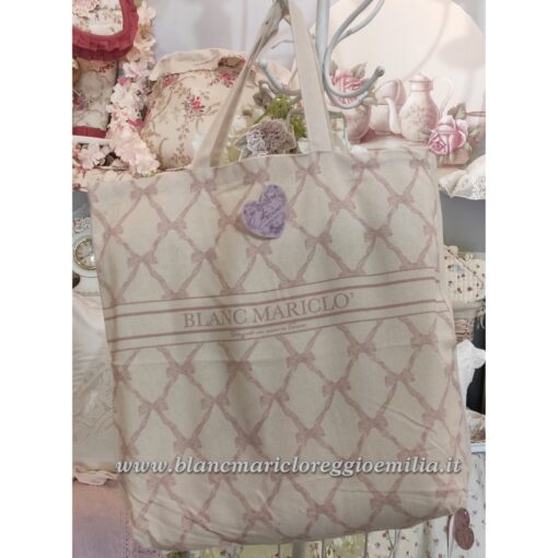 Borsa Shopper stampata in tessuto Blanc Mariclo Collection Fiocchi rosa 40x45 cm