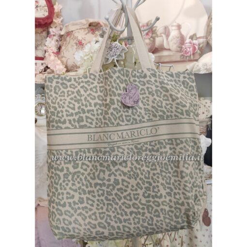 Borsa Shopper stampata in tessuto maculato verde Blanc Mariclo Collection 40x45 cm