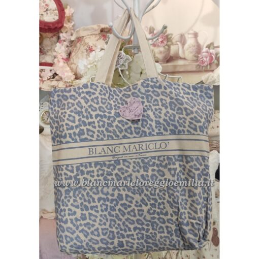 Borsa Shopper stampata in tessuto maculato celeste Blanc Mariclo Collection 40x45 cm