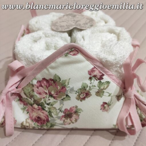 Cestino con 4 lavette Blanc Mariclo Flowers spugna bianca con bordo bianco