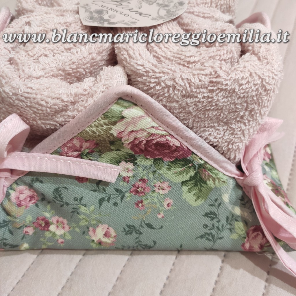Cestino sfondo verde con 4 lavette rosa Blanc Mariclo Flowers Collection -  Blanc MariClo' Reggio Emilia